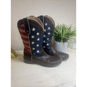 ROPER COWBOY BOOT BROWN FAUX LEATHER WITH AMERICAN FLAG UPPER Size 8